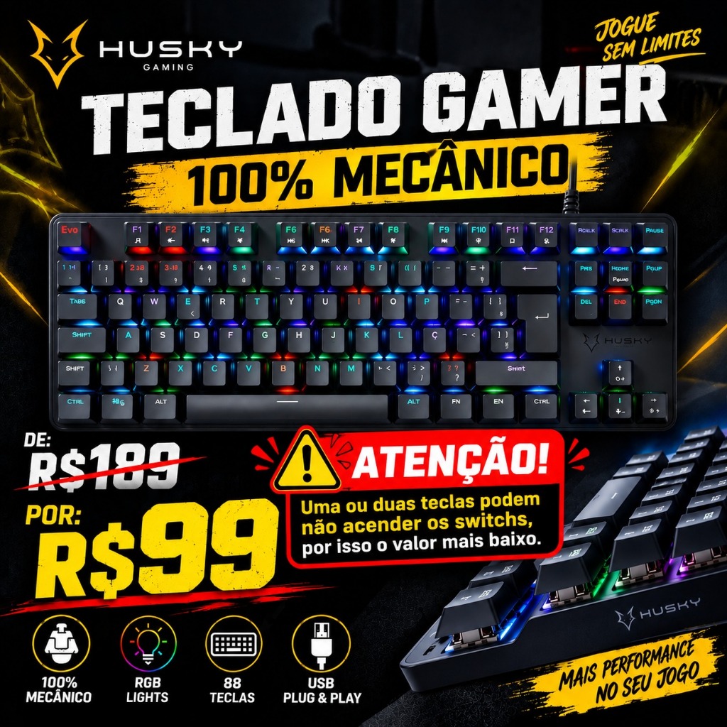 LEIA DESCRIÇÃO  Teclado Gamer 100% Mecânico Husky RGB Preto 88 Teclas USB Para PC e Notebook