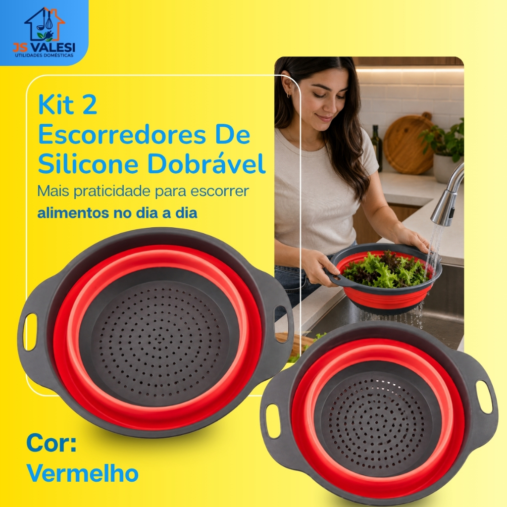 Kit 2 Escorredores Silicone Dobrável Retrátil Multiuso Vermelho P 24cm M 30cm Cozinha