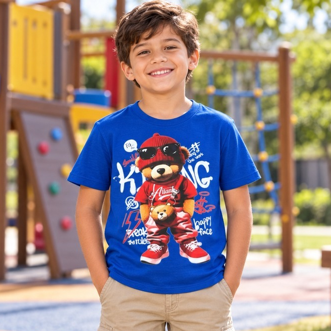 Camiseta Infantil Masculina Estampada Ursinho Street Manga Curta Confortável