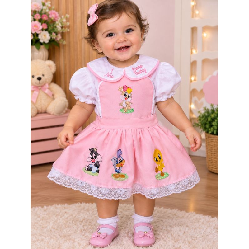 jardineira looney tunes,vestido jardineira looney tunes para aniversário