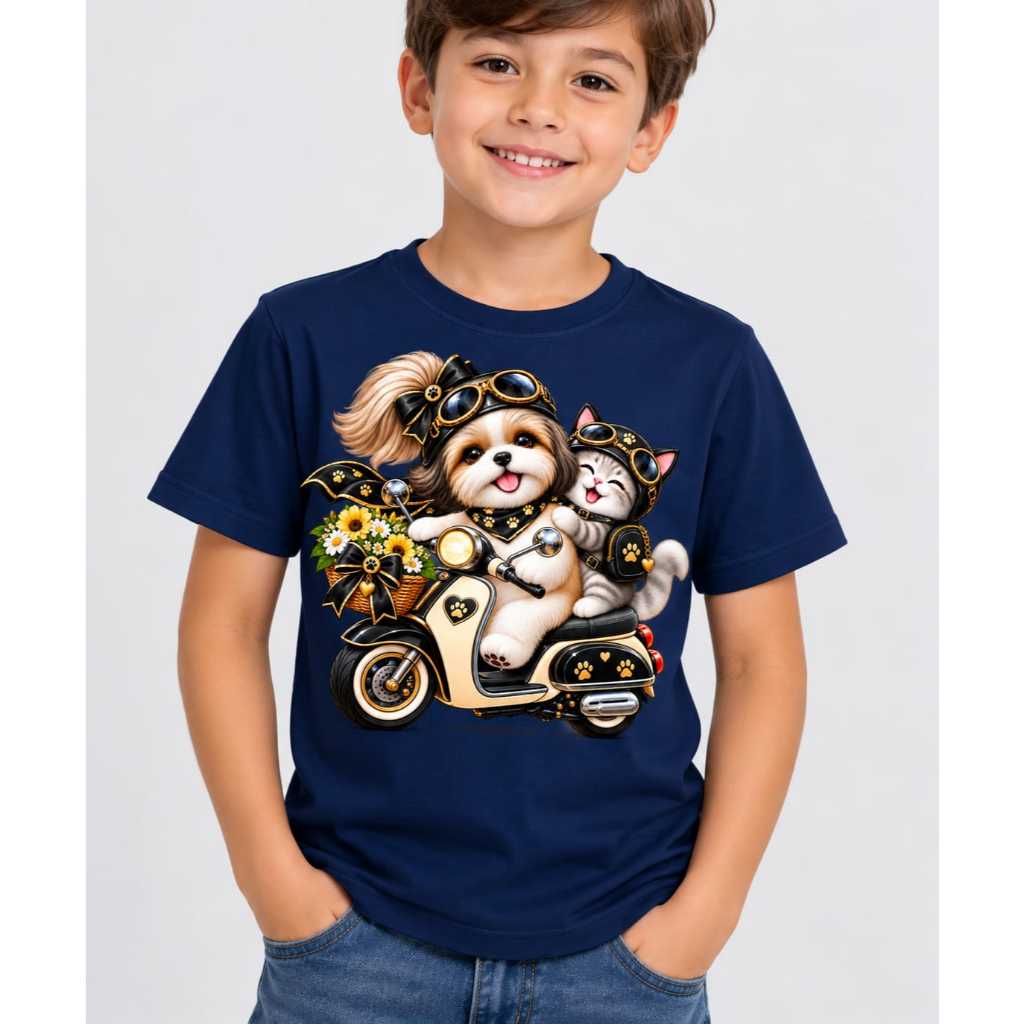 Camiseta Infantil Masculina Crianças Confortável Casual Premium para Dia a Dia Estampada Modelo: Cachorrinho e Gato Moto