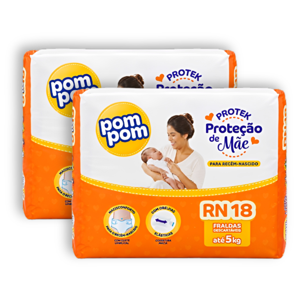 Kit 2 Fraldas Descartaveis Pom pom Proteck Proteção de Mãe Recem Nascidos RN - 36un