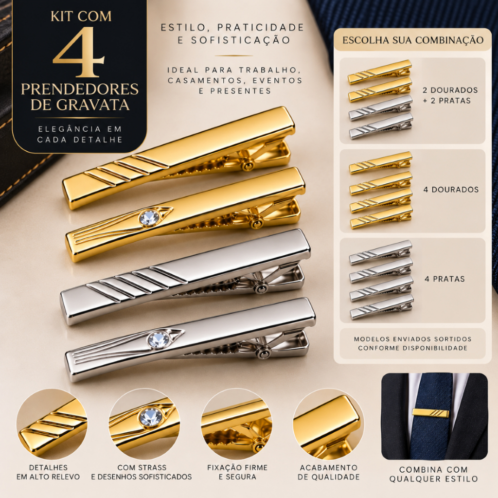 Kit 4 Prendedores de Gravata Masculino Dourado e Prata Presilha Social para Terno, Casamento e Padrinhos