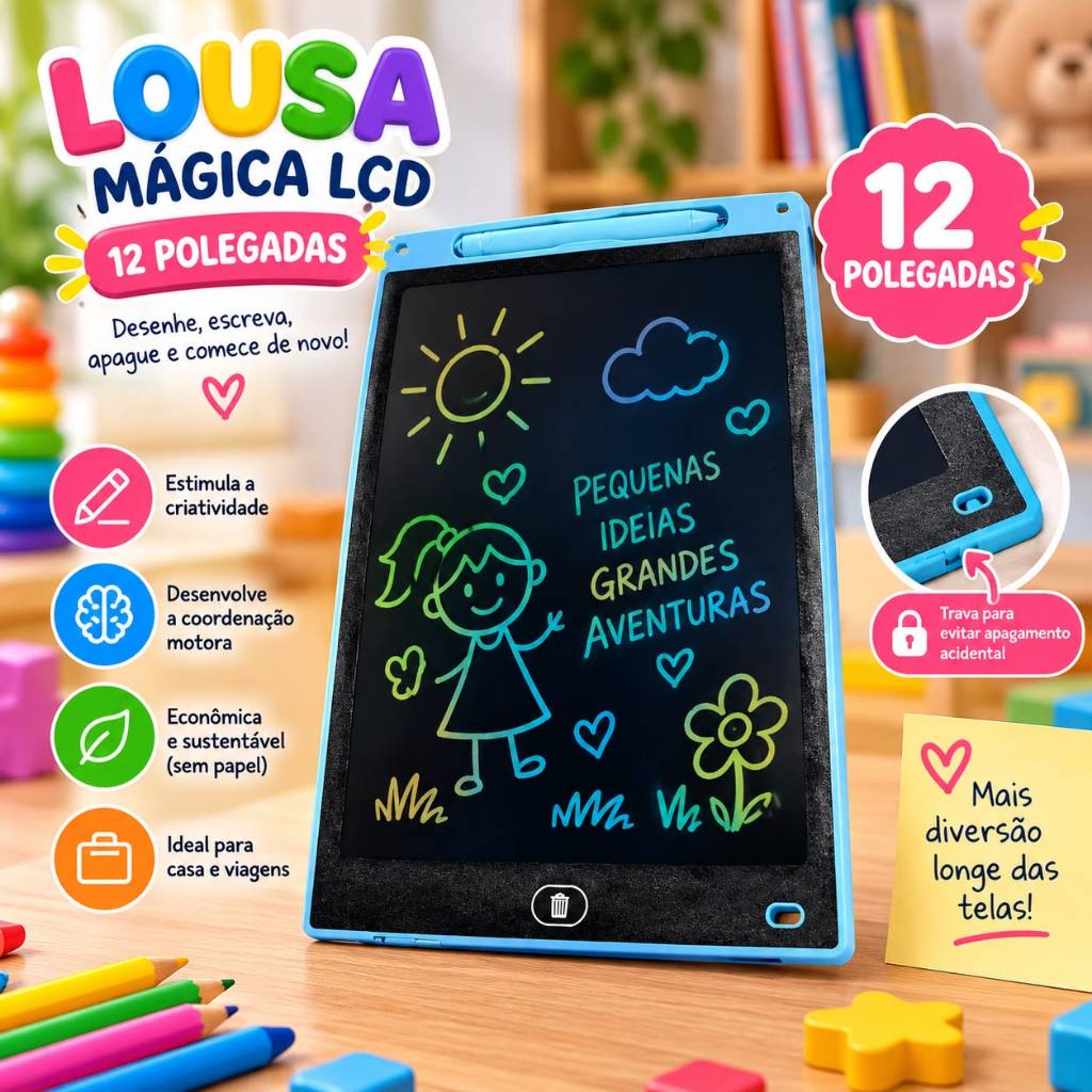 Lousa Mágica LCD Infantil 12 Polegadas com Caneta – Tablet de Desenho e Escrita Reutilizável