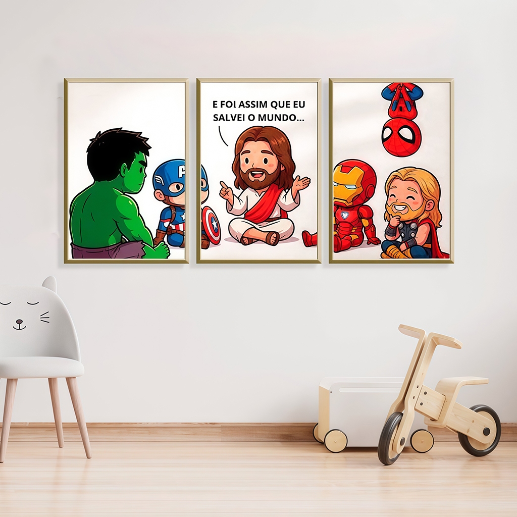 Kit 3 Quadro Decorativo Peças Jesus Nosso Salvador Herói Evangélico Quarto De Criança Decoração Casa Quarto Sala