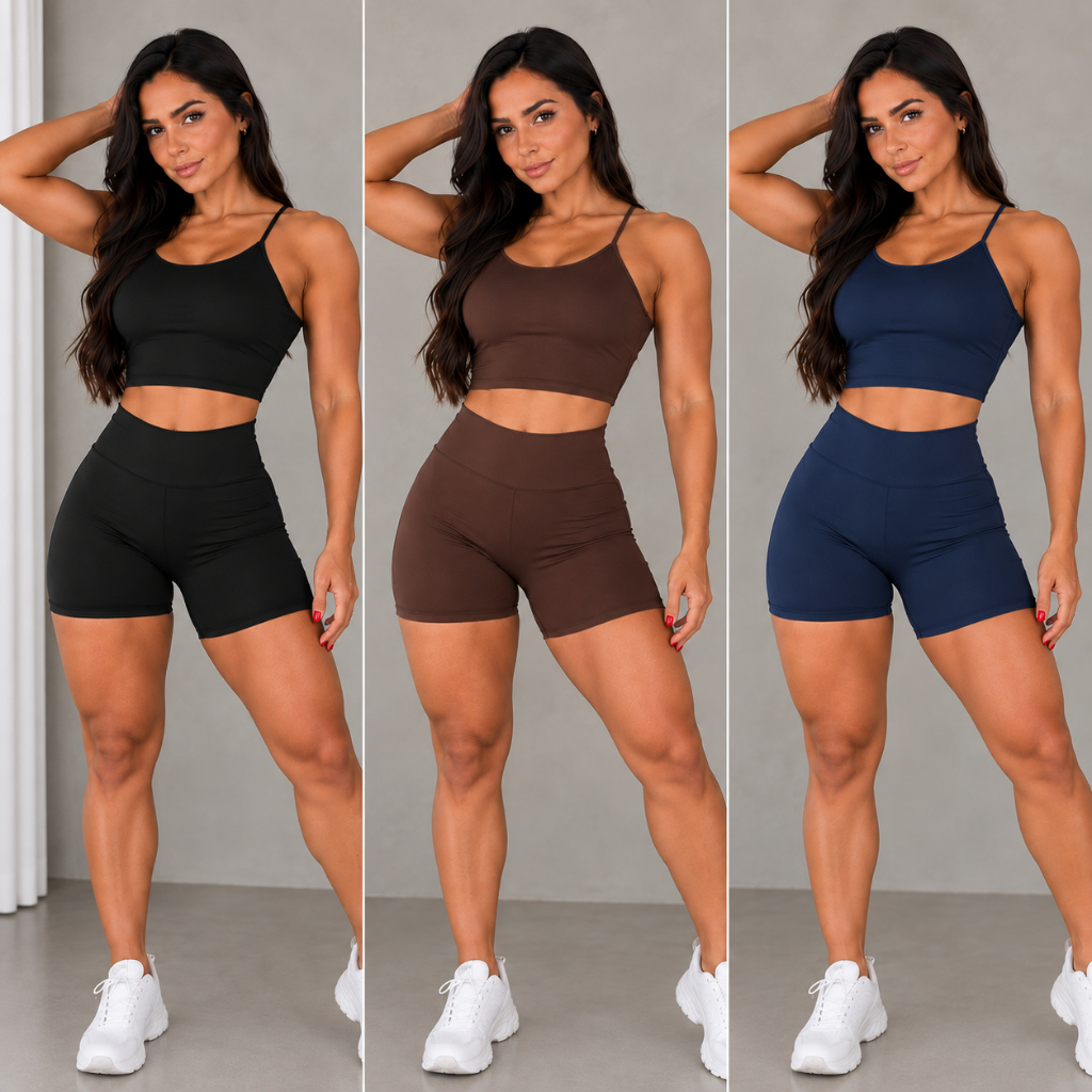 Conjunto Short e Top Fitness Feminino Academia Cintura Alta Zero Transparência