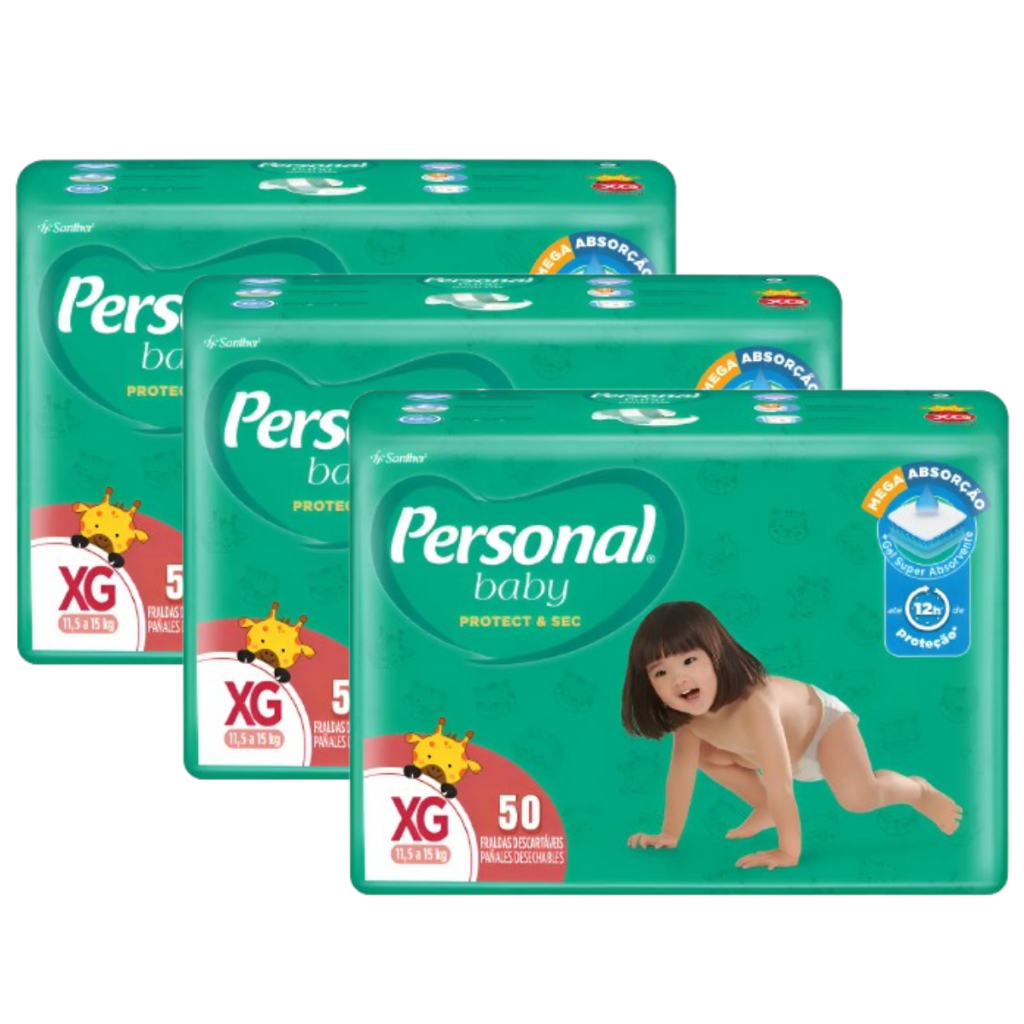 Kit 3 Pacotes de Fralda Personal Baby Protect&Sec - XG 50un Cada Total 150un