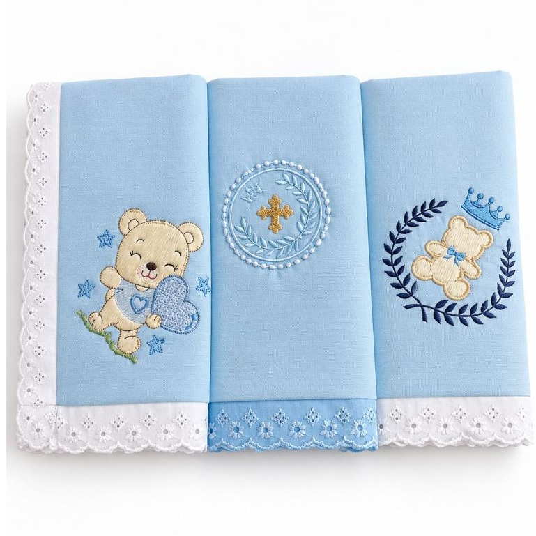 Manta Azul Já Bordada Ursinho Fustão Acolchoado Cobertor 90X75cm Bebê Menino Enxoval Urso Oferta