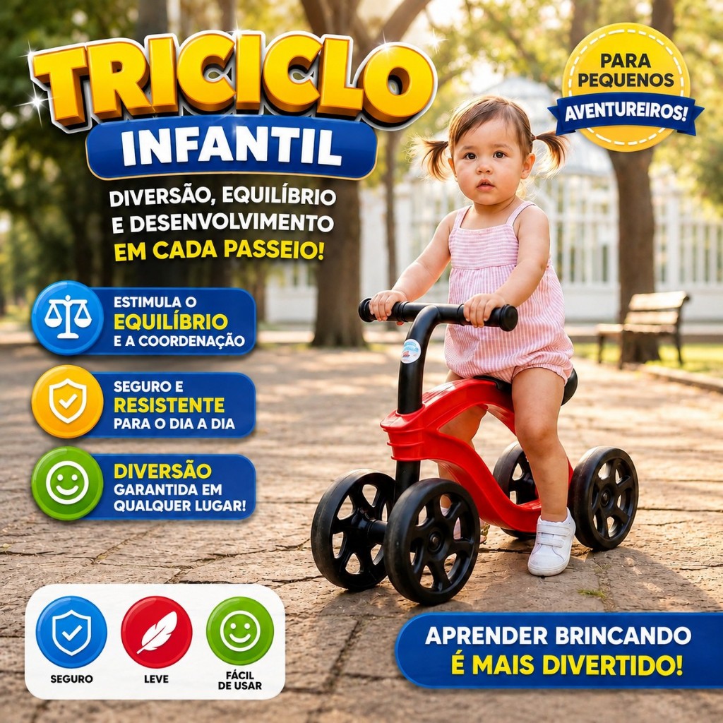 Bicicleta De Equilibrio Infantil 4 Rodas Sem Pedal Bebe +1 Ano Vermelha Inmetro andador
