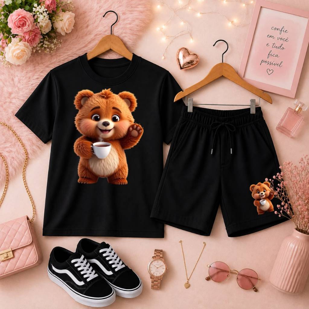 Kit Infantil Feminino Camiseta + Short de Moletom Look Fashion Casual Confortável e Super Estiloso Estampa Ursão Café