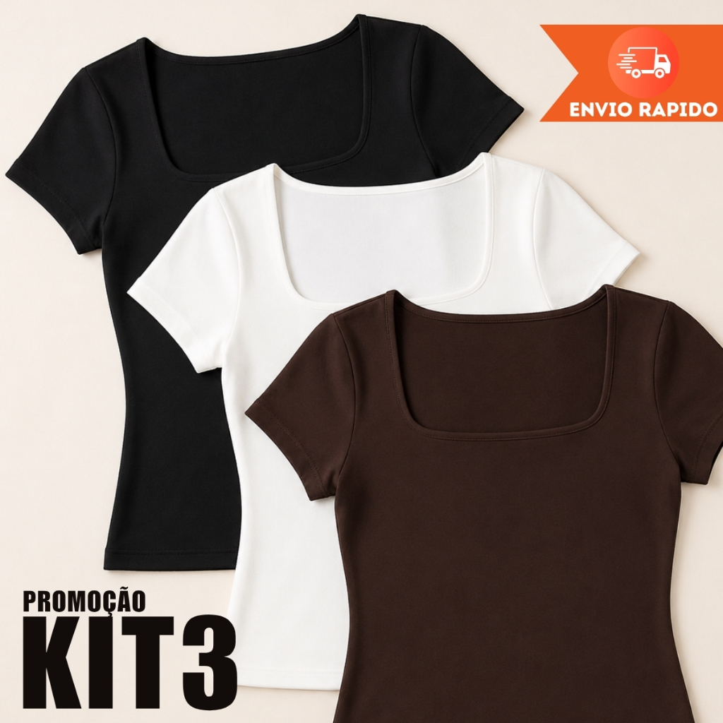 Kit 3 Blusa Feminina Forada Manga Curta Gola Quadrada Decote Quadrado Moda Casual Versátil Verão