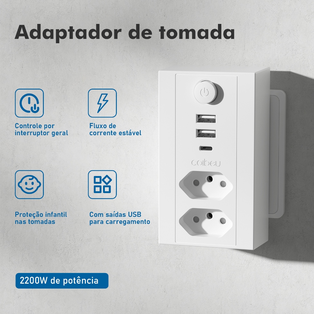 COIBEU Adaptador de Tomada 2 Tomadas 2 USB 1 Type-C 2200W Multifuncional