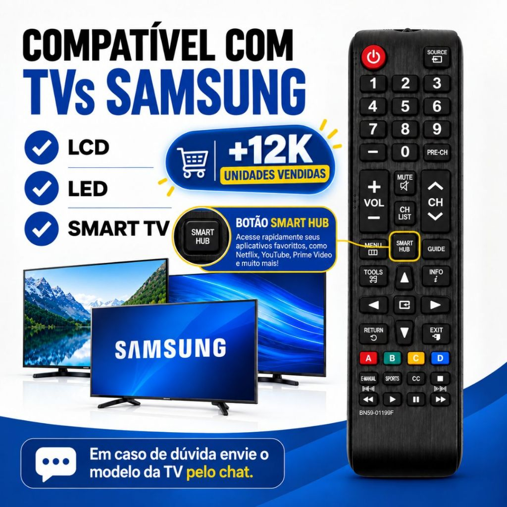 Controle Remoto Compatível Com Samsung Tv 4K Smart Hub - Escolha Seu Kit