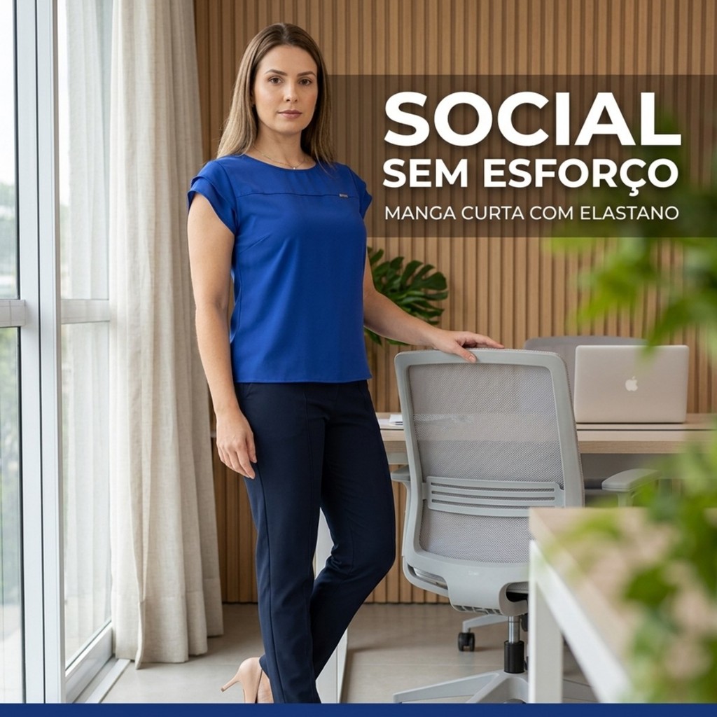 Blusa Feminina Manga Curta Social Trabalho Blusinha Sedinha Gross Com Elastano Basica Elegante Decote Redondo