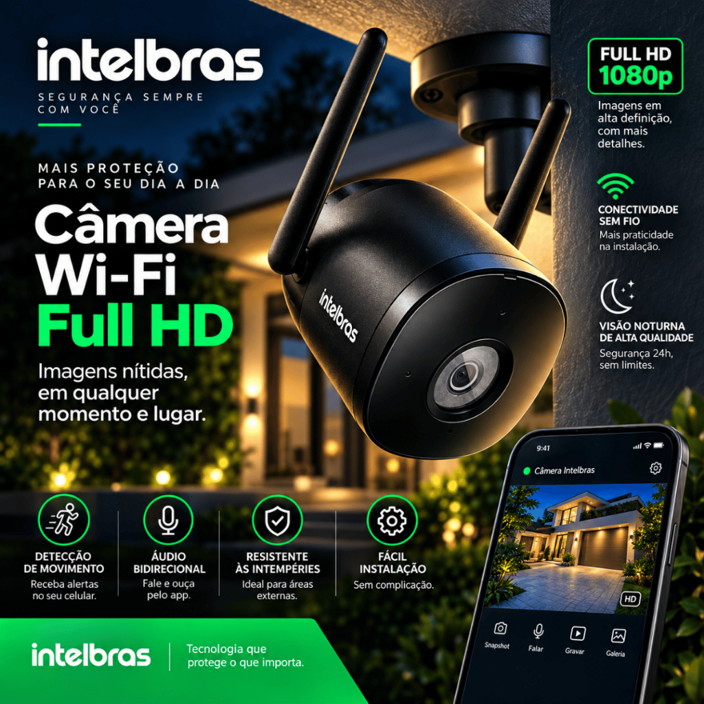 Kit 1/2/3/4 Un Câmera Segurança Wi-Fi Intelbras Full HD 1080p Black Externa Visão Noturna Com Áudio