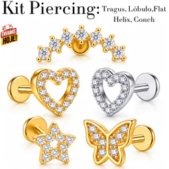 Piercing Tragus Aço Inox com Zircônia Helix Flat Conch Lóbulo Labret Brinco Feminino Masculino Alta Qualidade Premium