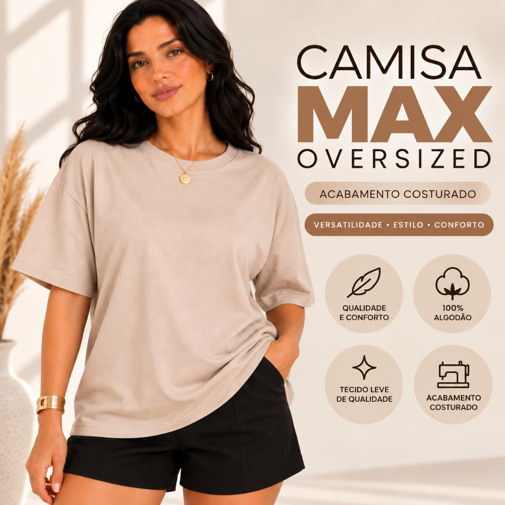 Camiseta Oversized Feminina Nude Lisa Básica 100% Algodão Modelagem Ampla Confortável