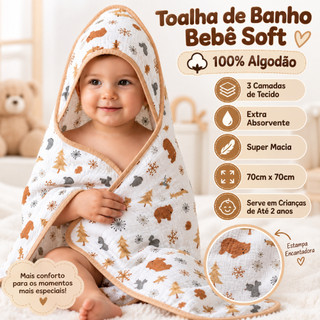 Toalha de Banho Bebe Fralda Soft com Capuz 100% Algodão Enxoval Menino Menina Neutro 3 camadas