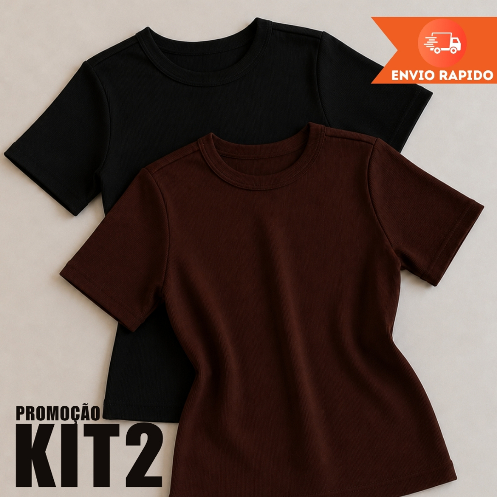 Kit 2 Blusas feminina canelado Casual Manga Curta Tendência Estilosa Básica Verão Elegante