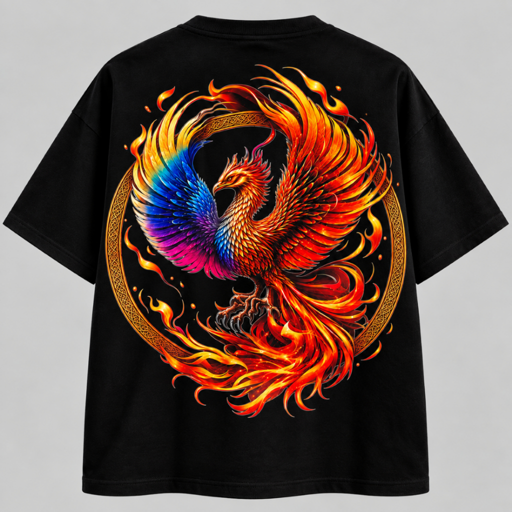 Camiseta Preta Fênix Oversized Masculina Streetwear Premium Algodão 30.1 Confortável Personalizada