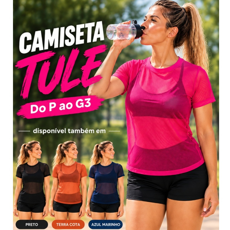 Blusa Tule Feminina Transparente Manga Curta Fitness Academia Treino Sobreposição Leve