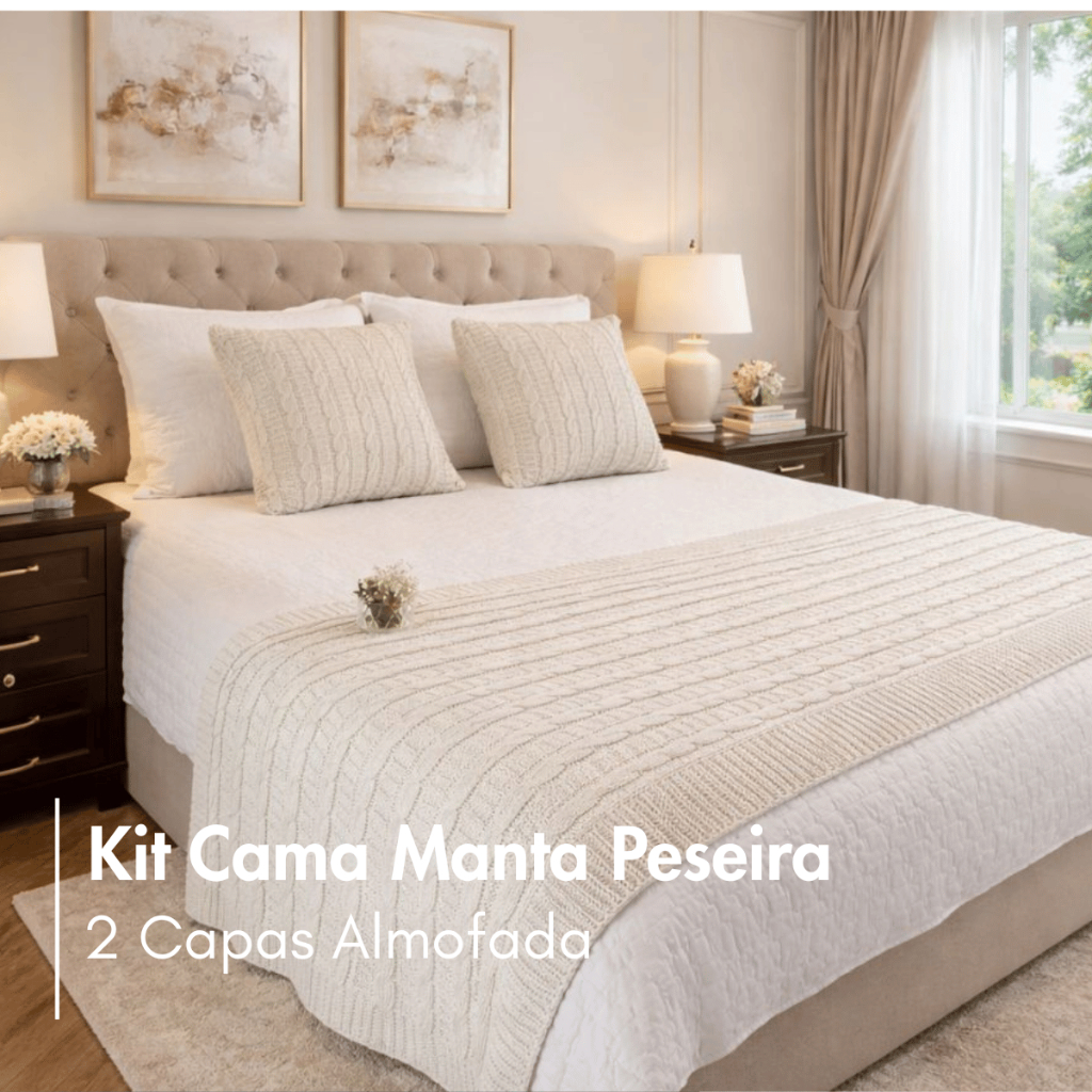 Kit Cama Manta Peseira de Tricot Californian Style Luxo 3D + 2 Capas de Almofada Para Cama e Sofá – Casal, Queen e King