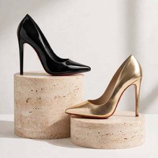 Sapato Scarpin Salto Alto 12cm Solado Vermelho Stiletto Bico Fino Feminino Festa Verniz Preto Napa Dourado Ref 80000