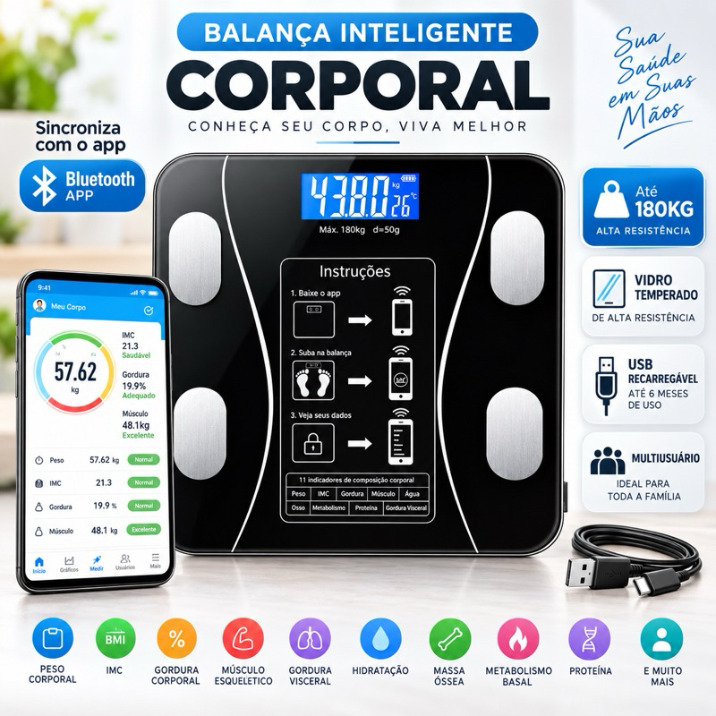 🔥USB Balança USB Digital Corporal Bioimpedância 180KG Display Lcd Bluetooth Aplicativo Fitness Treino Balança Banheiro
