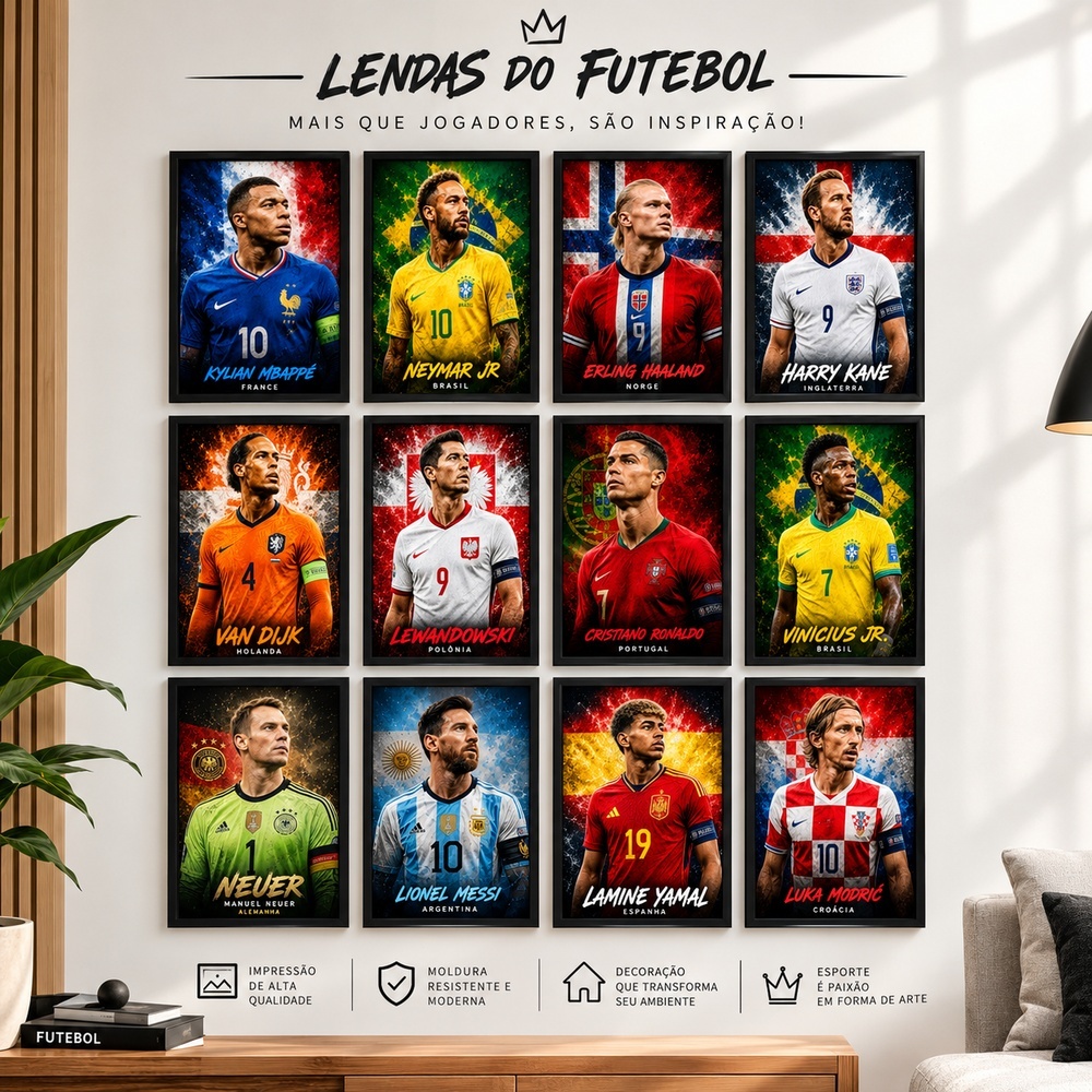 Quadros Decorativos Craques da Copa do Mundo 2026 CR7 Neymar Messi Mbappe Haaland Modric Lewandowski