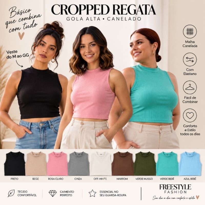 Cropped regata, gola alta, malha canelada de poliéster com elastano. Comprimento cropped médio, sem mangas e sem decote.