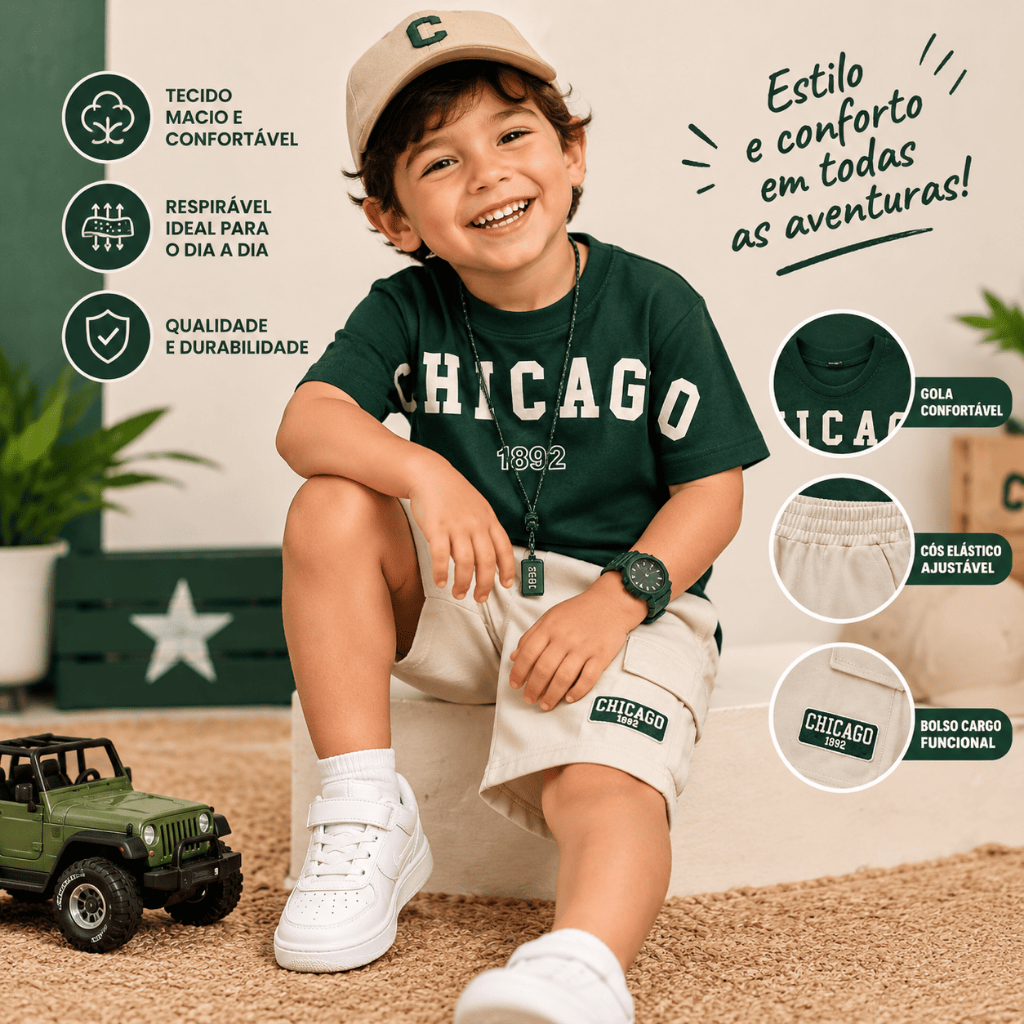 Conjunto Infantil Masculino de Verão - Camiseta de Algodão + Short Confortável - Veste do 2 ao 12 Anos