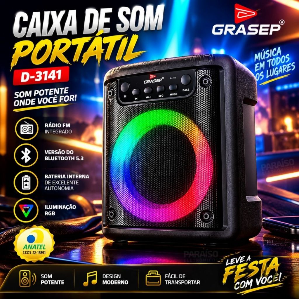 Caixa de Som Bluetooth 10W RMS Bass Portátil Radio FM LED RGB Entrada p/ Pen Drive, Cartão Micro SD, P2 e P10 -Microfone