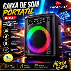 Caixa de Som Bluetooth 10W RMS Bass Portátil Radio FM LED RGB Entrada p/ Pen Drive, Cartão Micro SD, P2 e P10 -Microfone