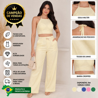 Cropped Feminino Linho Premium Frente Única com Amarração Top Verão Casual Elegante P M G