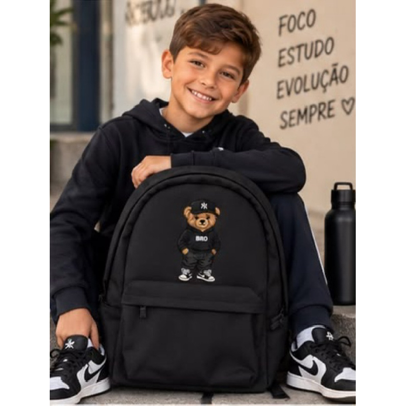 Mochila Escolar Infantil Urso Preta Unissex Juvenil Reforçada