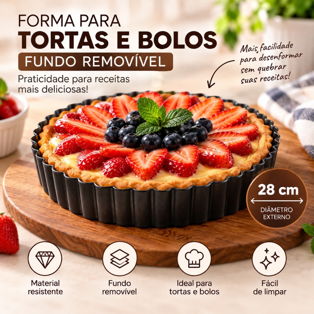 Forma Canelada 28 cm com Fundo Falso Removivel em Teflon Anti Aderente para Torta Bolo — imagem 2 de 2