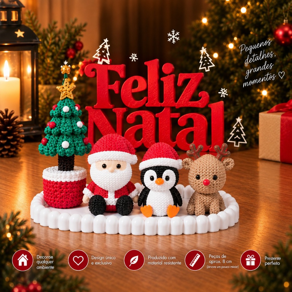 Kit Decoração de Natal Árvore + Bandeja + Letreiro + Papai Noel, Boneco de Neve, Pinguim e Rena