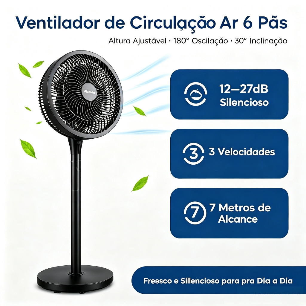 Ventilador Circulador de Ar de Coluna, Altura Ajustável, Oscilação 180°, Ultra Silencioso Bivolt para Casa e Quarto