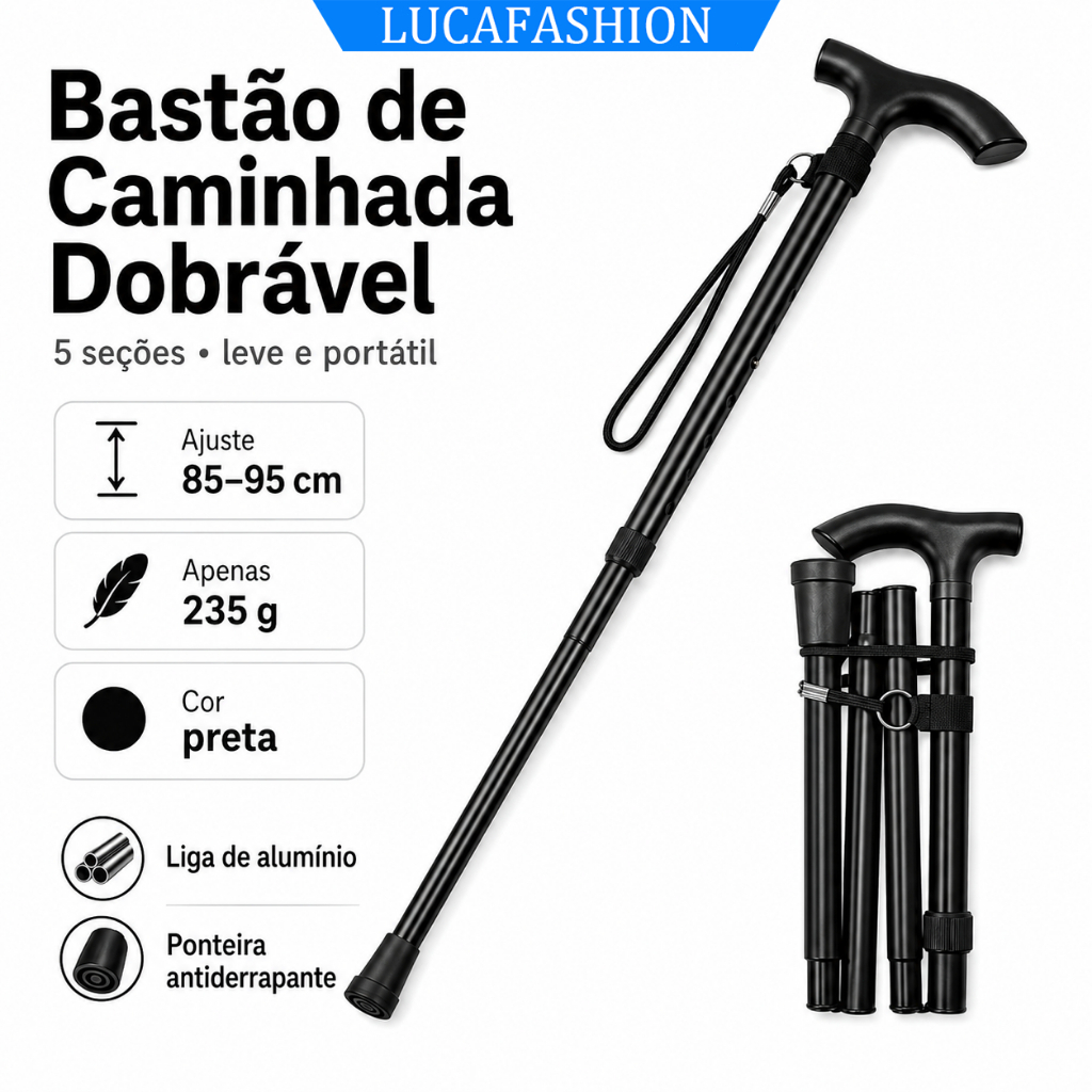 Bastão de Caminhada Trekking Dobrável Ajustável 85-95cm em Alumínio para Trilha e Montanhismo