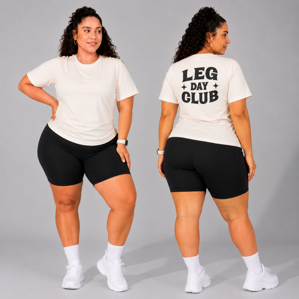 Camiseta Blusa Plus Size G1 Feminina Academia 100% Algodão Estampada LEG DAY CLUB Tshirt Fitness Manga Curta Confortável