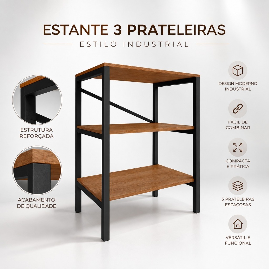 Estante Organizadora Multiuso com 3 Prateleiras Armario Compacto Estilo Industrial Quarto Escritório