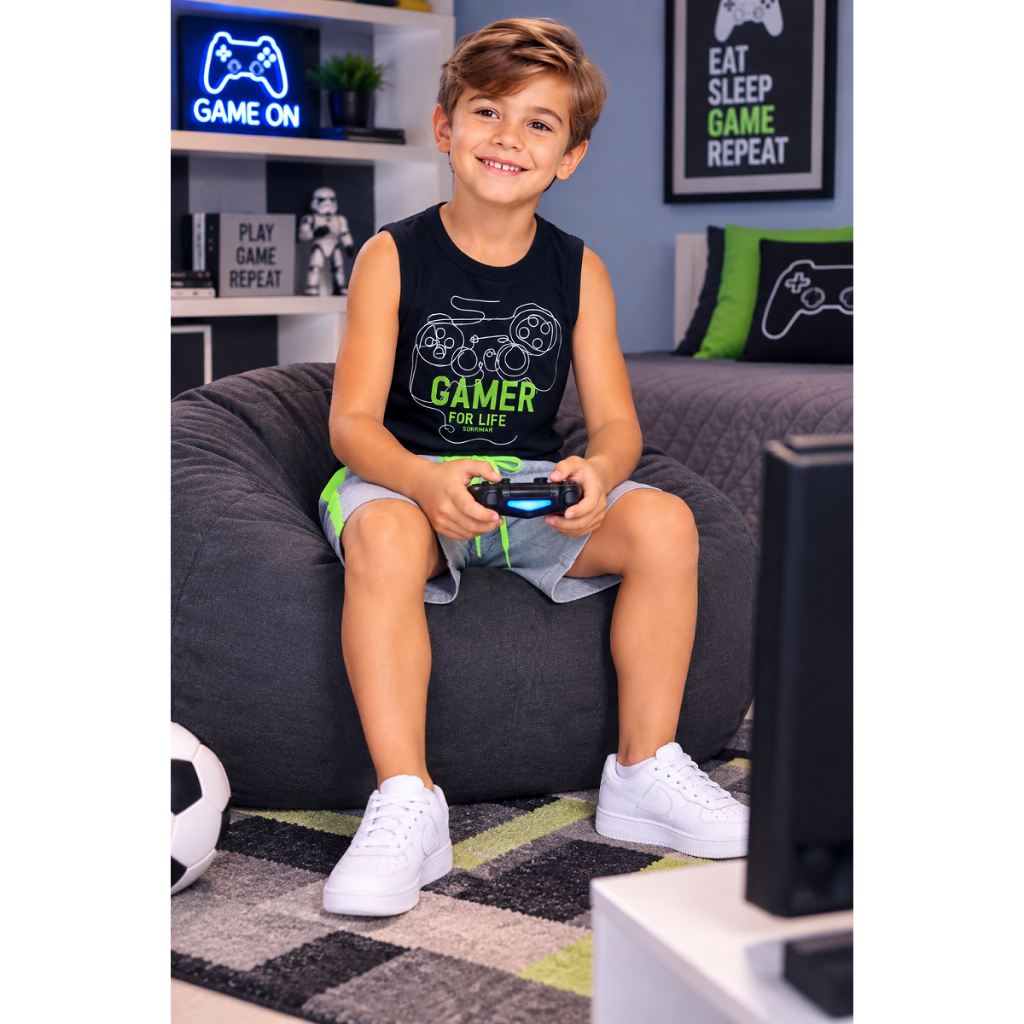 Conjunto Masculino Infantil Menino Regata Estampa Game Bermuda Detalhe Neon Verão Casual Dia A Dia