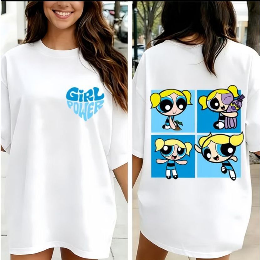 Camiseta Feminina Oversized Super Poderosas Lindinha Estampa Frente e Costas