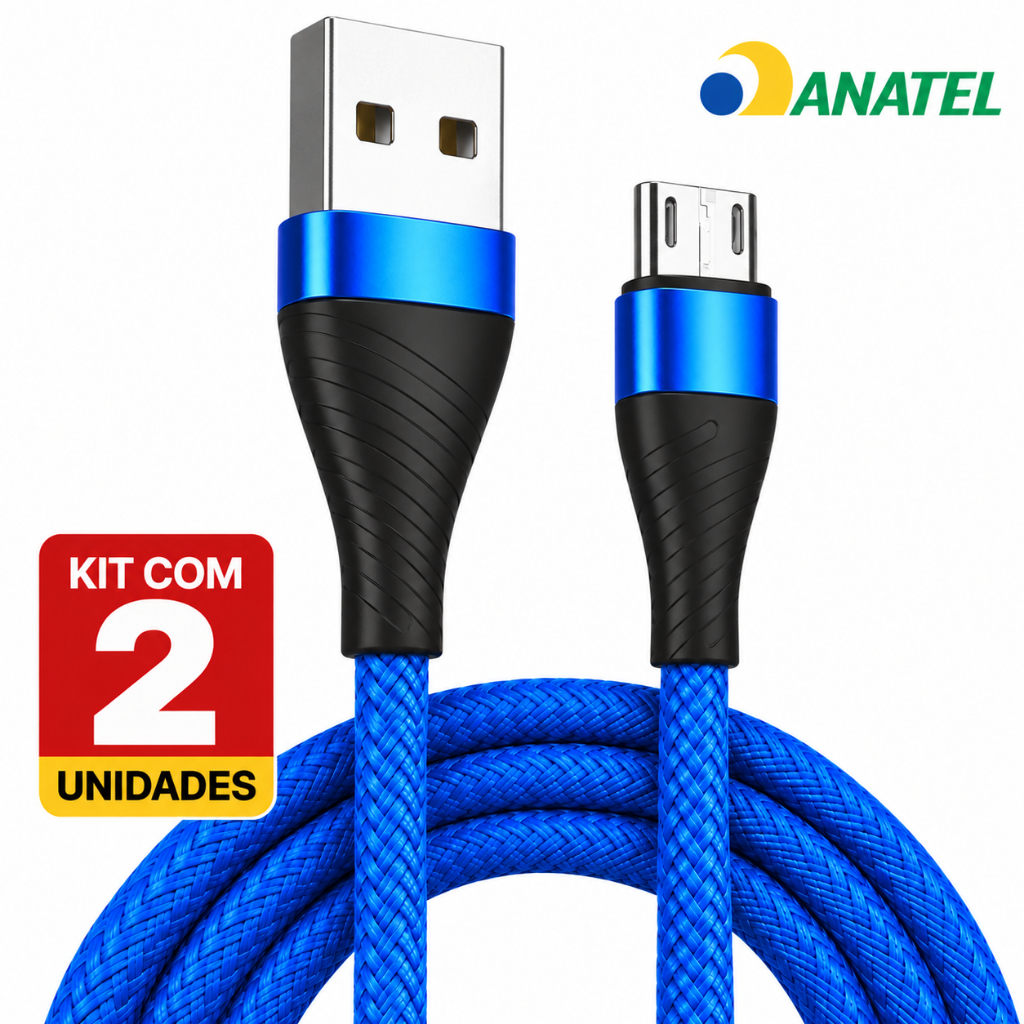 Kit 2 Cabos Carregador V8 Carga Rápida 2 Metros Android Reforçado Micro USB