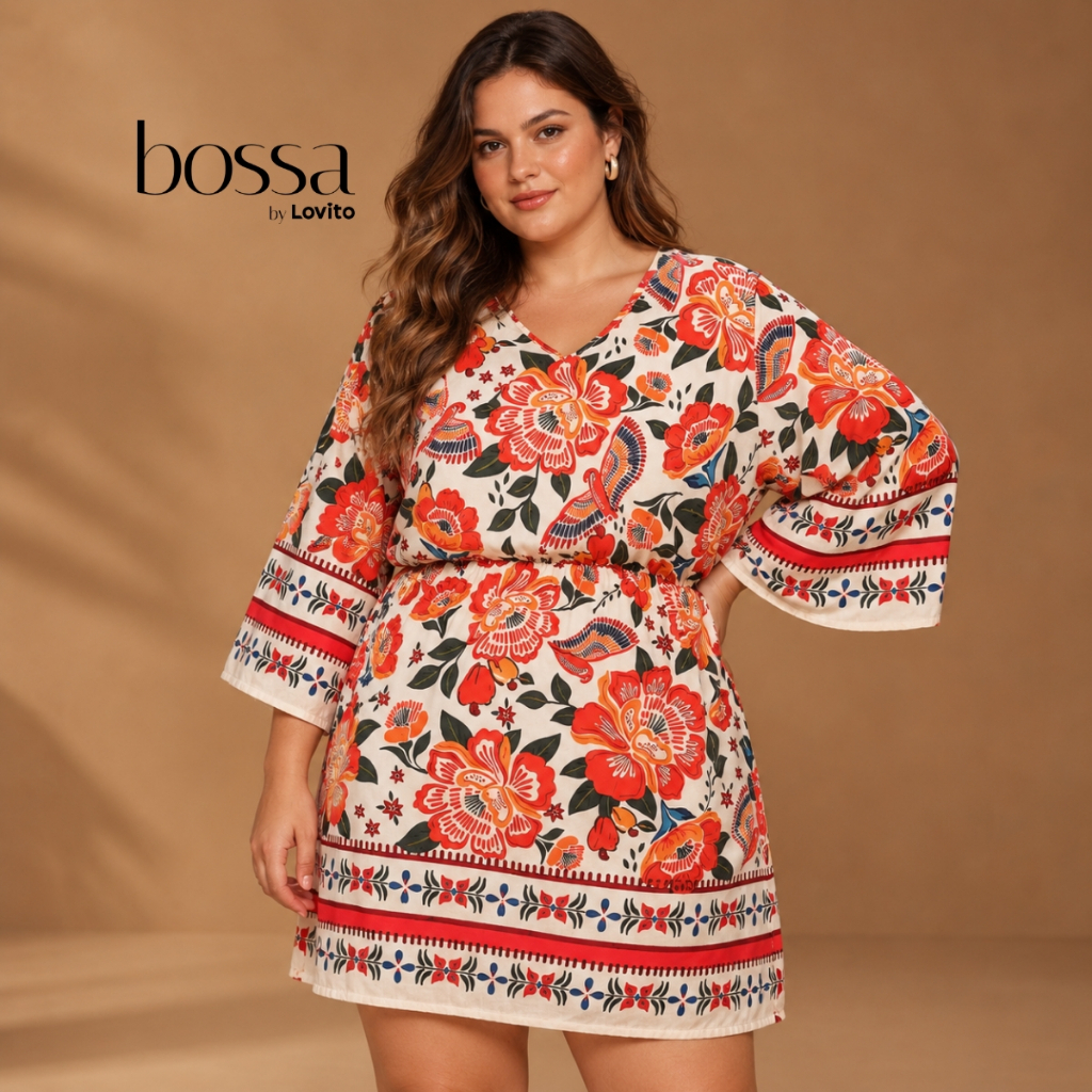 Lovito Bossa Vestido Plus Size Feminino Curto Boho Manga Ampla DRB491BRL521