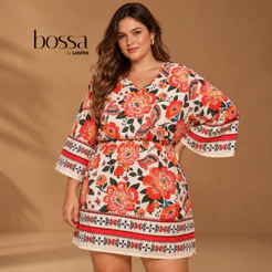 Lovito Bossa Vestido Plus Size Feminino Curto Boho Manga Ampla DRB491BRL521