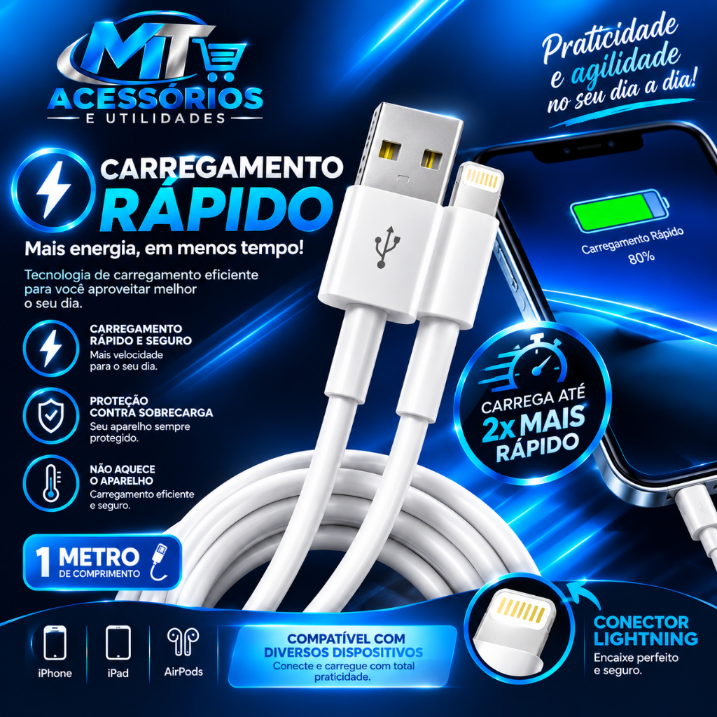 Cabo Lightning 1M Carregador iPhone USB Carregamento Rápido Cabo Dados Compatível iPhone 14 13 12 11 X XR 8 7 Plus