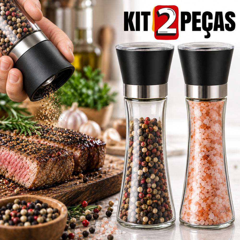 Kit 2 Moedores De Sal Pimenta e Temperos Especiarias Moedor Vidro E Aço Inox