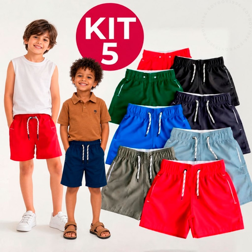 Kit 5 Short Bermuda Infantil Juvenil Tactel Menino Praia Com Bolso Elastano Premium 2 a 16 Anos