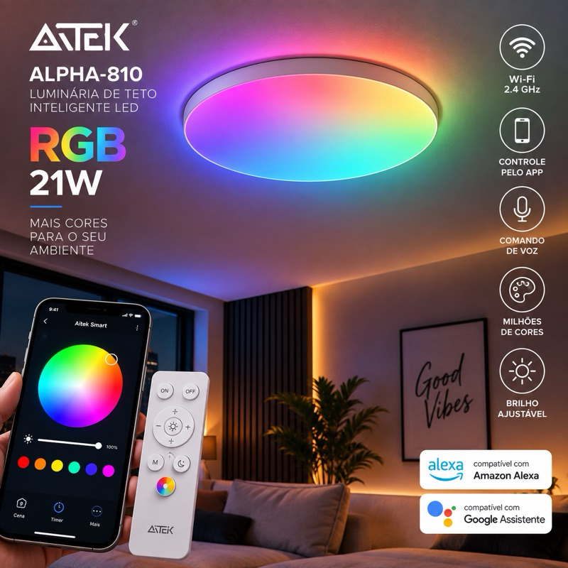 Luminária de Teto Inteligente Aitek Alpha 810 LED RGB 21W WiFi Alexa Google